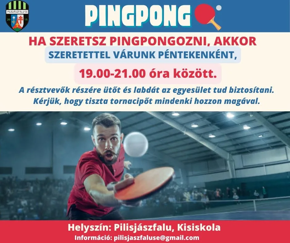 Asztalitenisz Pilisjászfalun – péntekenként 19:00–21:00 a Kisiskolában.