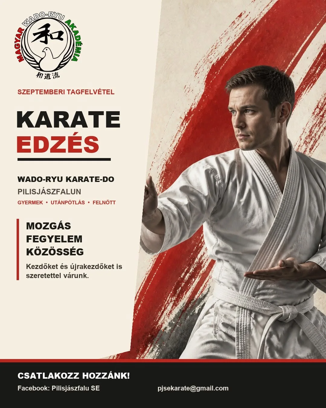 Wado-Ryu karate edzés Pilisjászfalun – szeptemberi tagfelvétel gyermekeknek, utánpótláskorúaknak és felnőtteknek.
